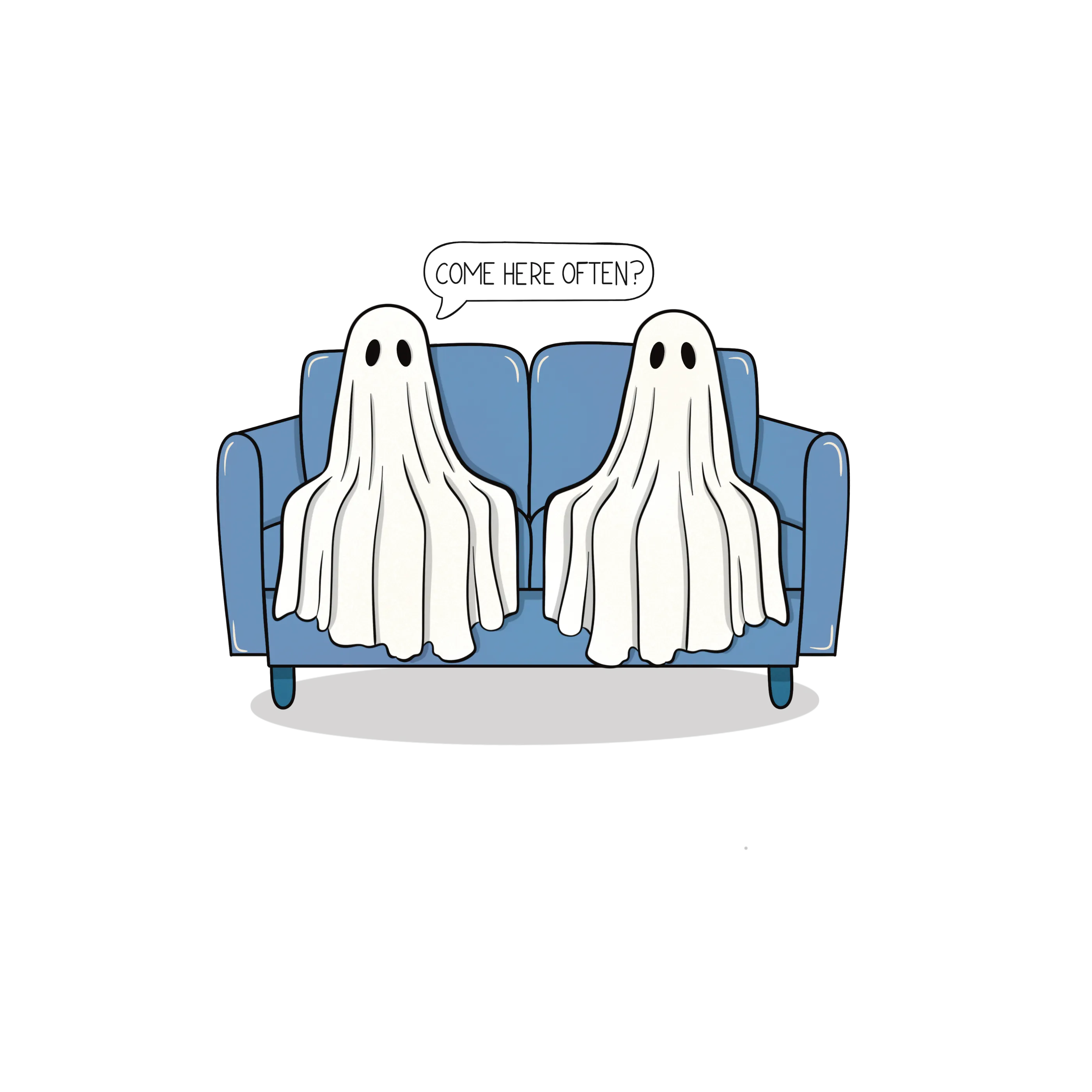 Two ghosts sitting on a blue couch. One asks, come here often?