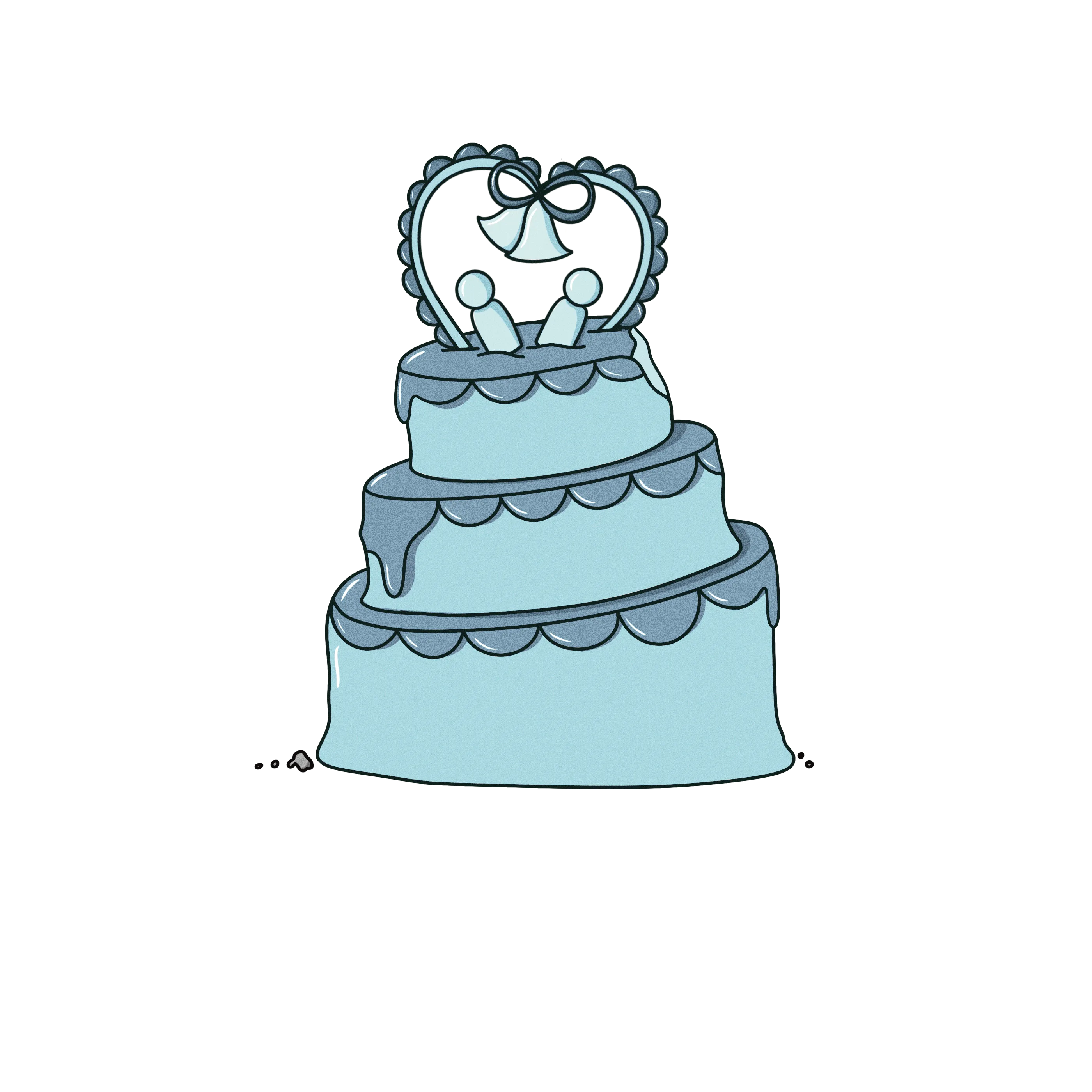 A three tier blue wedding cake with a single crumb on the floor beside it